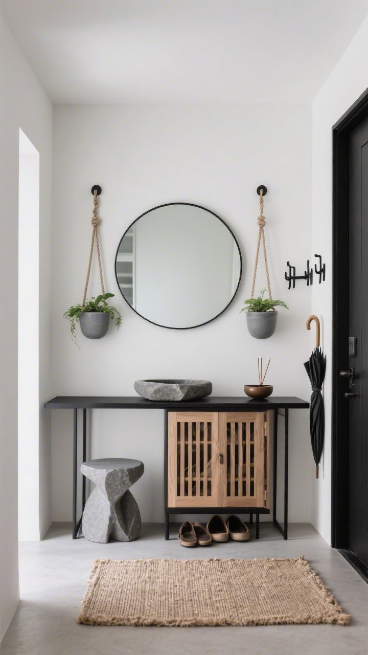 Medium, minimal Zen entryway shot, calm and orderly: a slim black console with a stone catchall, a wide round mirror centered above. Flanking the mirror, two simple rope plant hangers with matte gray pots create floating green moments. Underfoot, a natural jute runner; a shoe cabinet with ash wood slatted doors keeps clutter hidden. Add a sculptural stool and a small incense bowl on the console; wall hooks in blackened steel and a concealed umbrella stand just in view. Palette: black, ash wood, stone gray, linen. Photorealistic, straight-on, soft diffused daylight.