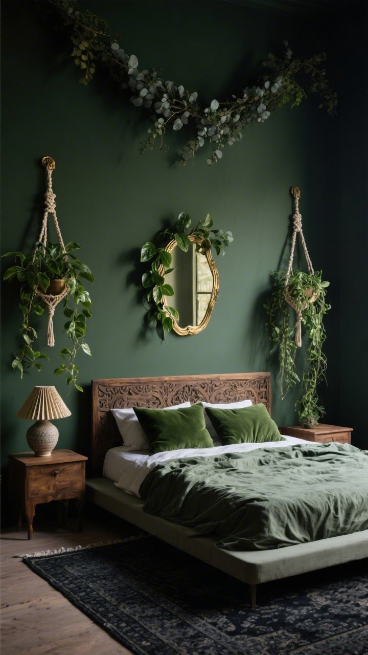 Medium, moody bedroom scene with deep olive walls and a low platform bed as the focal point, featuring a carved wood headboard and crinkled percale sheets. Over each nightstand, two macramé plant hangers act as living sconces, overflowing with pothos and philodendron Brasil that cascade like ivy waterfalls. Ground the room with a charcoal Turkish rug; add moss-green velvet pillows, a vintage brass mirror catching dim light, and a ceramic table lamp with a pleated shade for cozy warmth. A eucalyptus garland drapes softly above the headboard. Palette: olive, charcoal, brass, moss. Photorealistic, straight-on view.