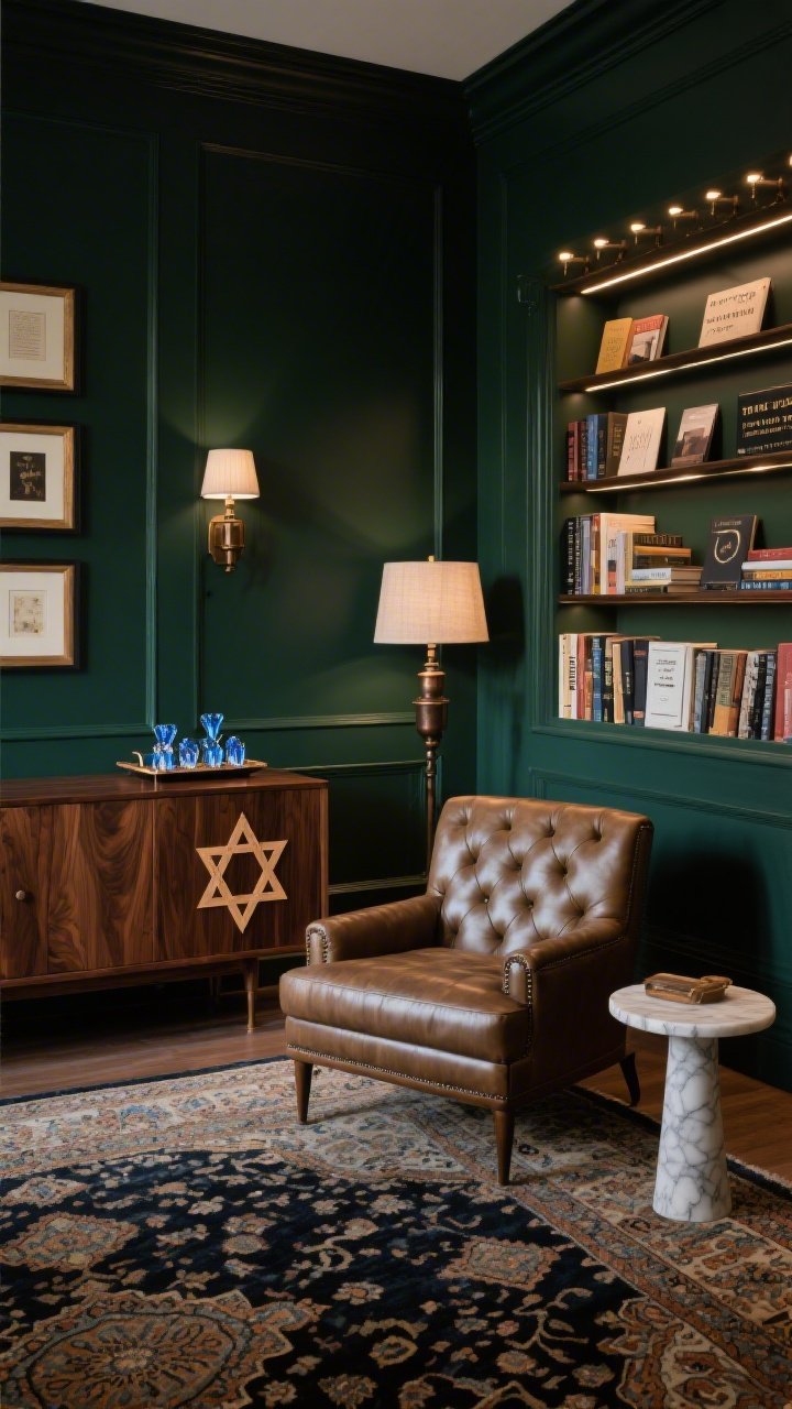 Medium, moody Library Lounge vignette from a corner angle: walls and built-ins painted deep charcoal green. A low media cabinet in warm walnut features a refined Star of David inlay in contrasting ash—spotlit as a focal heirloom piece. In front, a Persian rug and a tufted leather club chair with a marble pedestal side table. Library sconces with linen shades and a row of picture lights wash shelves of Judaica, poetry, and design books. Oil-rubbed bronze metalwork throughout. On the cabinet, a small bar tray with blue-cut crystal glints subtly. Low, intimate lighting for speakeasy-meets-study ambiance. Photorealistic.