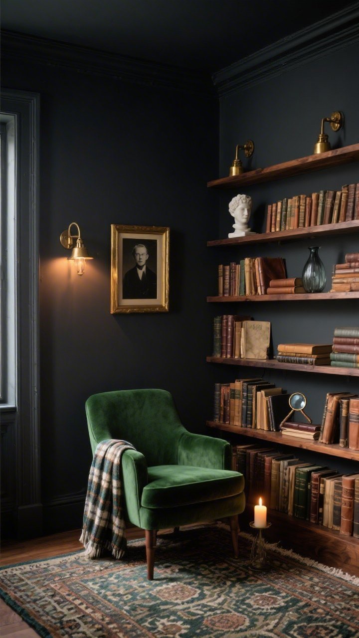 Medium, moody library nook at a corner angle: charcoal walls with chunky walnut shelves flanked by worn brass sconces casting low, warm light; deep green velvet chair and patterned rug underfoot; shelves layered with antiquarian books (spines outward), a thin-brass-framed black-and-white portrait, a small marble bust; accents of leather-bound journals, vintage magnifying glass, smoky glass vase; a slow-burning candle and a plaid throw draped nearby; palette of charcoal, deep green, walnut, burnished brass; dramatic vintage ambiance, photorealistic.
