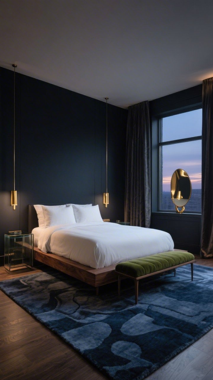 Medium, moody modern bedroom at dusk with soft, directional lamp light and gentle window glow; deep charcoal walls, walnut platform bed with crisp white bedding, oversized plush cut-pile rug in muted ink blue with a barely-there abstract pattern extending 24 inches beyond the bed on three sides; slim brass sconces flanking the bed, a moss velvet bench at the foot, smoked-glass nightstands, heavy linen curtains framing the window, a sculptural brass mirror; tone-on-tone depth, hotel-suite vibe, photorealistic.