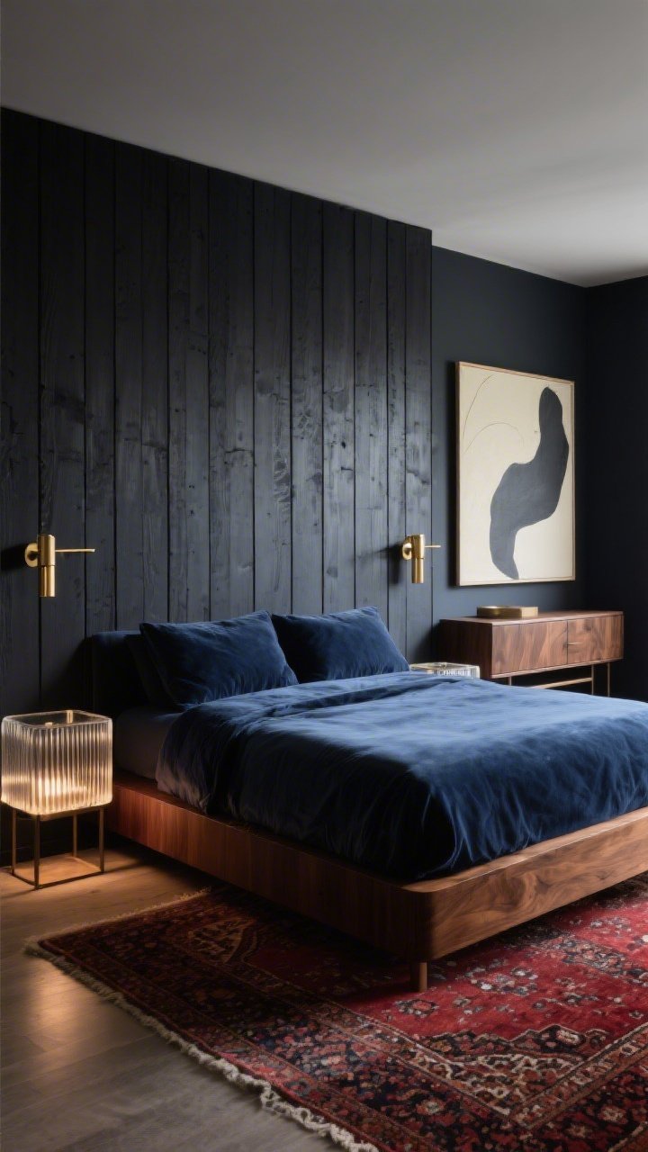 Medium, moody modern bedroom view from the foot of the bed: a charcoal-stained vertical slat headboard wall spanning the full width, backed by a black-painted surface for deep shadow play; matte brass pivot-arm sconces flanking the bed; velvet bedding in midnight blue on a walnut platform bed; two ribbed glass nightstands softly glowing; hand-knotted Persian rug with deep reds grounding the scene; oversized abstract art in cream and slate above the dresser in the background; palette of charcoal, inky blue, walnut, warm brass; low, intimate lighting for a sultry, cocoon-like feel, photorealistic, no people.