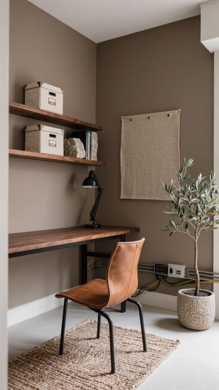 Medium office nook shot from a slight side angle: taupe painted walls; walnut desktop on black powder-coated metal legs; nutmeg leather sling chair; low-profile black task lamp; floating oak shelves with linen file boxes and stone bookends; woven wool runner underfoot; natural canvas–wrapped pin board on the wall; subtle tech management with a hidden cable tray and fabric-wrapped visible cords; warm-meets-crisp industrial mood; small olive tree in a textured planter adding height and life.
