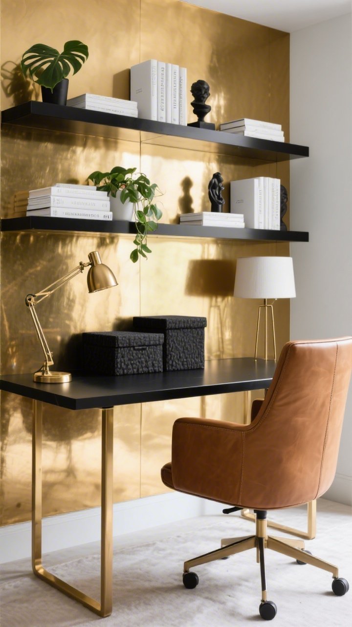 Medium office shot from desk perspective: A glam home office featuring a high-gloss gold lacquer accent wall behind a sleek black desk with slim brass legs. A cognac leather chair fronts the desk. Floating black shelves on the gold wall hold neatly styled white books, small sculptures, and a few leafy plants to soften the shine. Lighting includes an articulating brass task lamp on the desk and a diffuse floor lamp for balanced illumination. Organization: textured black-linen boxes keep surfaces minimal. Palette: black, white, cognac, glossy gold. Polished, productive, editorial feel.