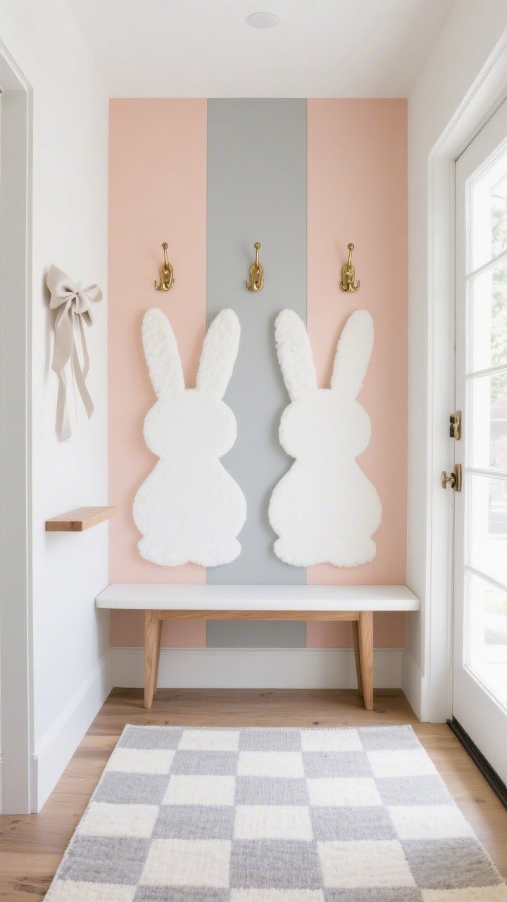 Medium, photo-booth-style entryway shot, straight-on: alternating vertical soft pastel panels in peach and mist gray. Two towering matte-white large bunny silhouettes with slightly oversized plush cotton tails for whimsy, perfect as a photo backdrop. A slim floating white oak bench beneath, with a narrow console shelf nearby. Above, three brass hooks each holding a ribbon bow. Floor finished with a pale gray and cream checkered indoor-outdoor rug. Bright, welcoming daylight, crisp and clean, photorealistic.