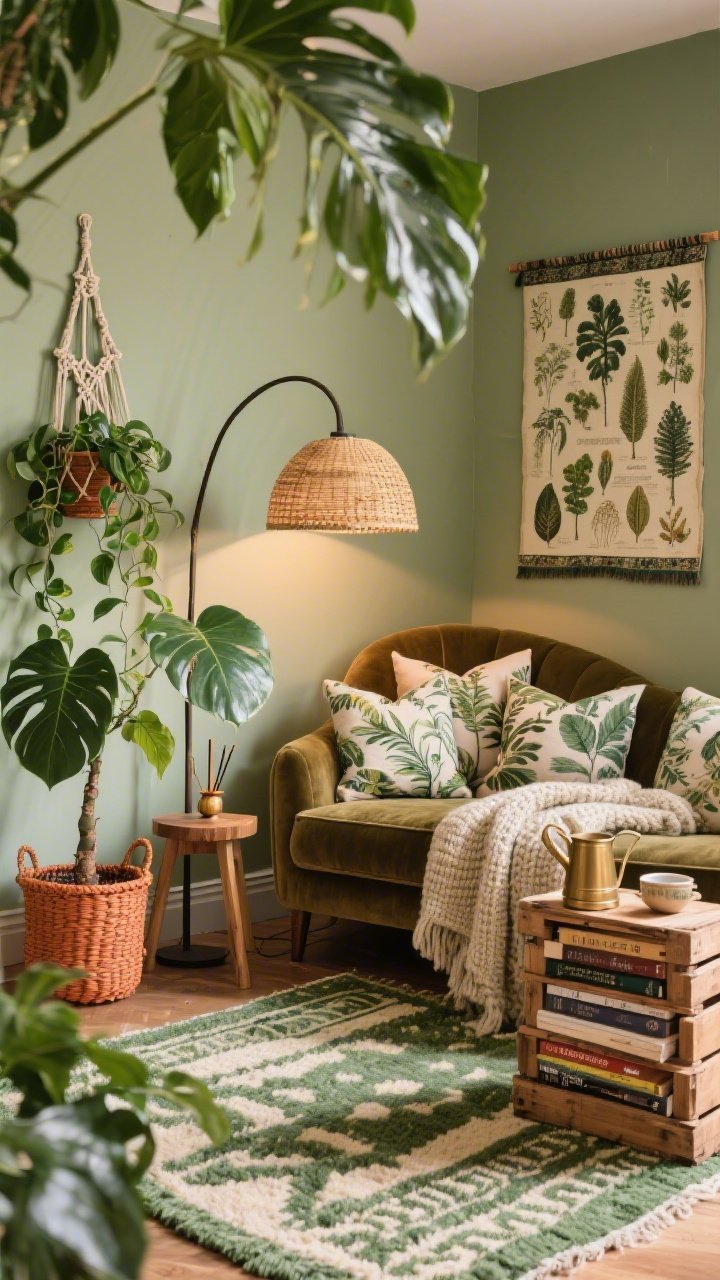 Medium reading corner shot, Jungle Boho Reading Lounge: muted sage walls, a low loungey daybed or an olive velvet cushy armchair piled with botanical-print pillows and a chunky knit throw; layered plants including monstera, pothos in a macramé hanger, and a mini rubber tree in terracotta and woven basket planters; arched floor lamp with a rattan shade for evening reads; flatweave rug in moss and cream with a subtle tribal motif; stacked wooden crates used as book storage with a tiny brass watering can on top; a botanical tapestry or vintage herbarium prints on the wall; a small incense holder and a side table with a steaming tea cup; warm, tranquil lighting, photorealistic.