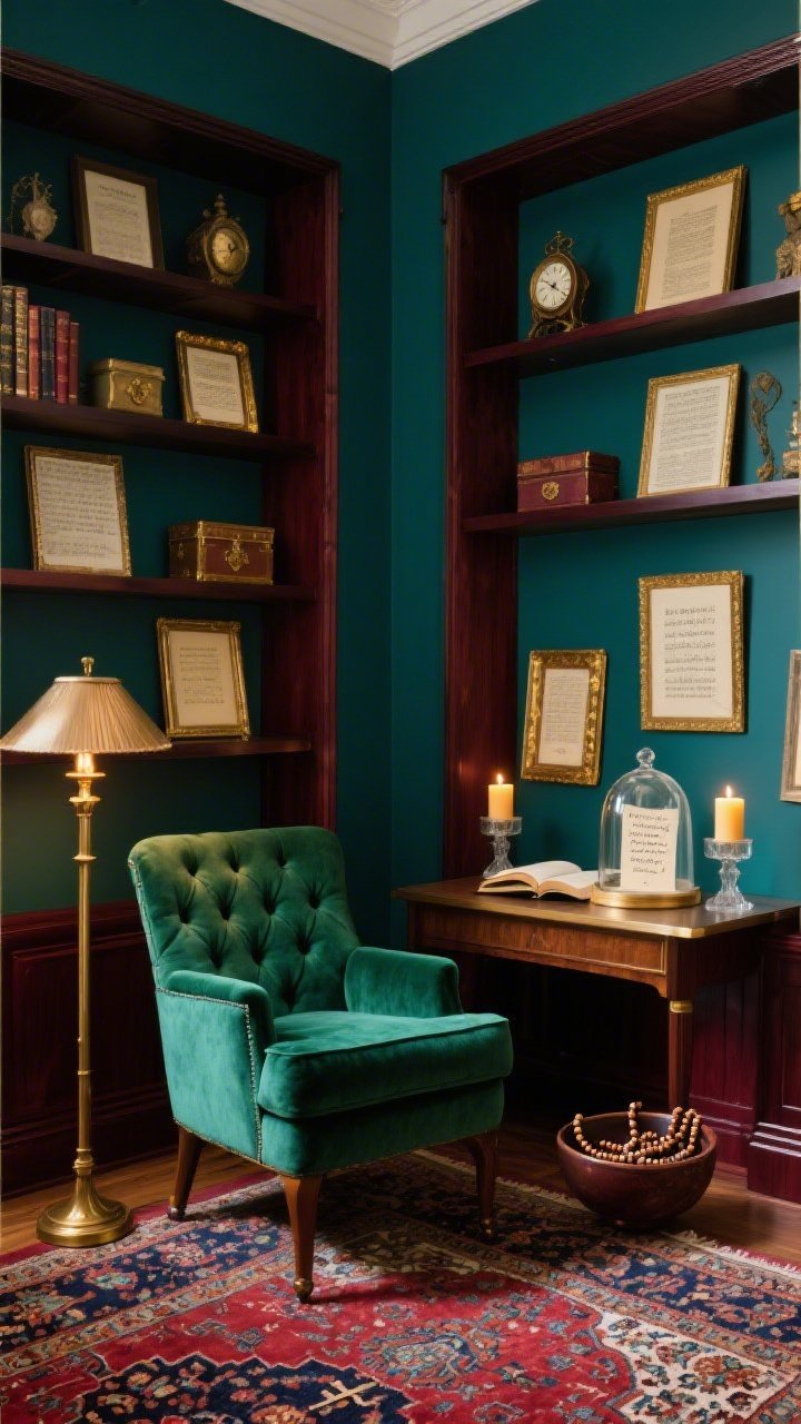 Medium reading zone: “Jewel-Toned Devotional Library” with deep teal (or oxblood) walls, dark-wood shelving around a Persian rug in ruby and navy, an emerald tufted velvet chair as a reading throne with a brass floor lamp, a compact writing table featuring a glass cloche covering a handwritten prayer, shelves clustered with framed texts, small relic boxes, a vintage clock, and touches of gilded edges; beeswax pillar candles in hurricane glasses and a bowl of rosary beads/malas add warm lamplight glow.