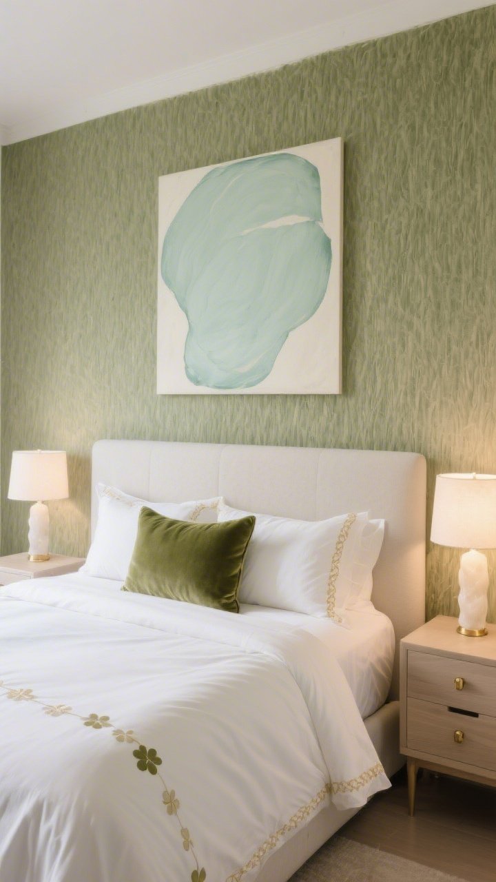 Medium, serene bedroom scene straight-on to the headboard wall: pistachio grasscloth creating soft texture behind a low-profile upholstered bed in cloud white; silk duvet cover edged with a minute clover stitch in pale gold; light ash nightstands with petite brass pulls; alabaster lamps on each side emitting a creamy glow; white percale sheets and a single moss velvet throw pillow; one oversized abstract art piece in celadon and cream above; gentle evening lighting, soft focus on textures.