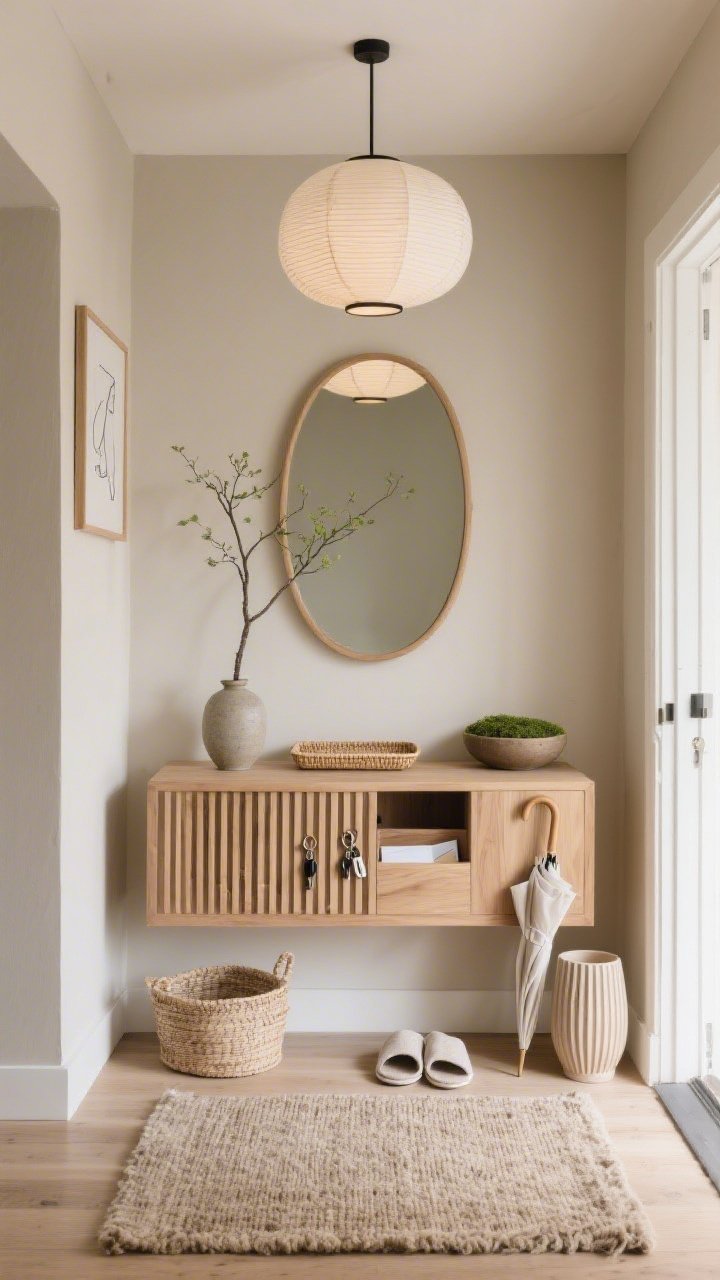 Medium, serene straight-on shot of a Japandi entry: warm greige walls, pale oak/ash slatted console, thin-edged natural-wood oval mirror above. Floor grounded by a nubby wool runner in oatmeal. On the console, a tall ikebana-style branch arranged in a stoneware vase and a small moss bowl; shallow woven trays for mail and keys tucked subtly into the console. Soft, diffused illumination from a rice-paper pendant (or linen drum) overhead. Add tactile layers: linen slippers in a small basket on the floor, a ribbed ceramic umbrella stand, and a single framed line drawing on the wall. Calm, textural, minimalist spring neutrals.