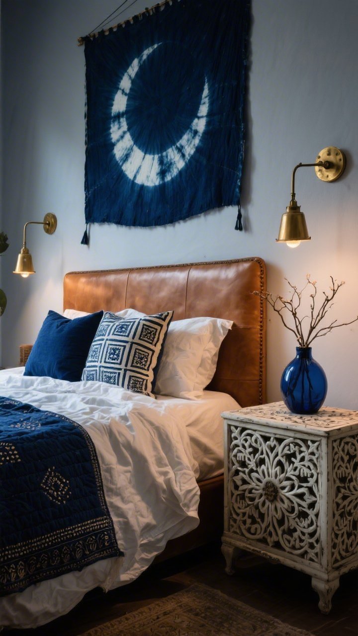 Medium shot: A Moonlit Indigo bedroom vignette featuring a caramel leather headboard flanked by brass swing-arm sconces, crumpled white linen sheets layered with a deep indigo kantha quilt, block-printed pillows in midnight blue and cream, a vintage bone-inlay nightstand holding an indigo glass vase with foraged branches, and a dreamy shibori-dyed wall hanging as the focal art; moody, luxurious evening lighting.