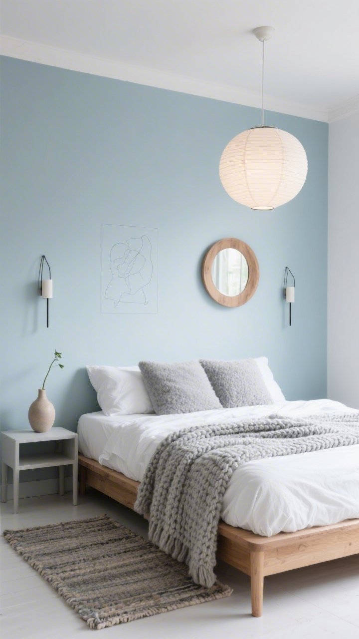 Medium shot: A serene Scandinavian bedroom with pale icy blue matte walls, a low-profile oak bed dressed in crisp white bedding, a chunky knit throw in soft gray, and bouclé pillows; a flat-woven wool rug underfoot, paper lantern pendant casting a diffuse glow, slim wall sconces flanking a simple line drawing; a round oak mirror and a ceramic bud vase with a single stem on a minimal nightstand; clutter-free composition, photorealistic, soft morning light, corner angle.