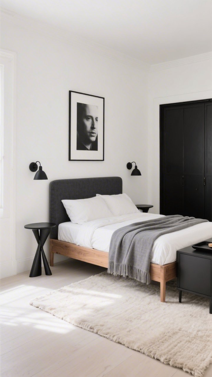 Medium shot, Black-Frame Balance: soft white walls and pale floors set a minimal scene with a mid-height oak bed featuring a charcoal linen-upholstered headboard; black steel side tables flank the bed with sculptural matte-black sconces mounted above each; an oversized black-and-white print hangs cleanly; a pale wool rug softens the floor; a black-framed wardrobe visible in the background; a neatly folded stone-gray throw at the foot of the bed and a single black tray on the dresser; palette of soft white, sand, charcoal, matte black; straight-on perspective with warm, diffused daylight, photorealistic.