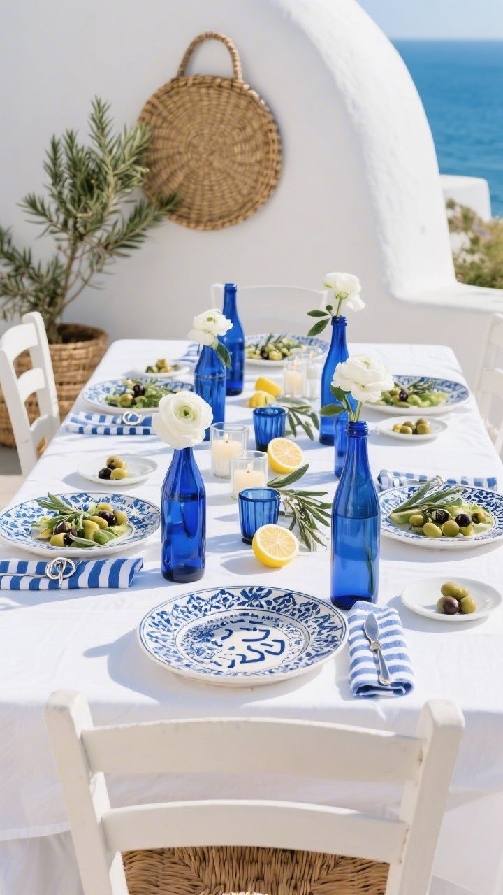 Medium shot, Blue-and-White Mediterranean Classic table: white tablecloth, white dinner plates topped with classic blue patterned salad plates, striped blue ticking napkins with simple silver rings; a neat line of blue glass bottles each holding a single white ranunculus and sprigs of olive running down the center; a hand-painted tile-inspired Seder plate prominently placed; lemon halves and whole olives scattered on small saucers; votive clusters in cobalt and milk glass glowing; white slipcovered or rattan chairs visible; a woven basket on the wall and a flourishing rosemary plant nearby; bright, sun-washed coastal lighting; straight-on view, photorealistic.