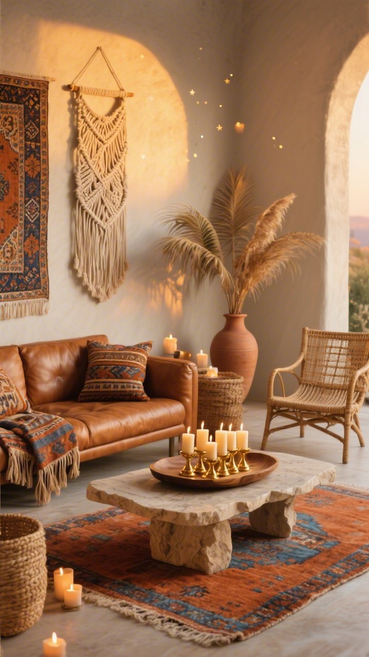Medium shot, boho lounge corner at golden hour: caramel leather sofa with tassel and kilim pillows, rattan accent chair, macramé wall hanging, and a Persian-style rug with terracotta and indigo threads. A travertine coffee table holds a carved wooden tray clustering six brushed-gold Shabbat candles tight together, creating a dreamy sunset glow that enriches surrounding patterns. Dried palm fronds in clay vases, woven baskets nearby; a few subtle tea lights dotted in the background for a constellation effect. Palette of terracotta, indigo, sand, brushed gold. Warm, textured lighting, photorealistic, corner angle.