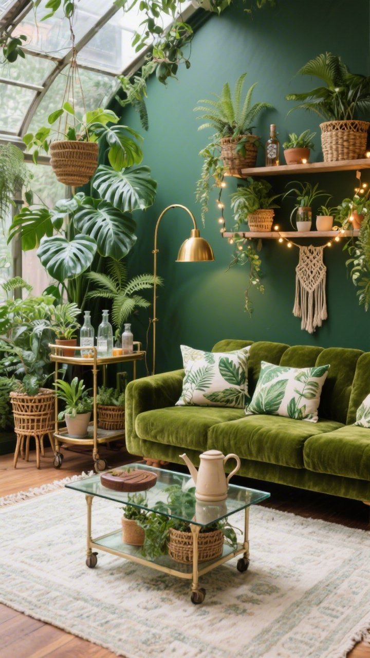 Medium shot, Botanical Boho Sanctuary: a moss velvet sofa against a forest green accent wall, layered with botanical print pillows; a light Moroccan rug under a glass-top coffee table; abundant plants—monstera, pothos, and ferns—at varying heights in woven planters, rattan plant stands, and macramé hangers; a vintage bar cart repurposed as a plant shelf with glass misting bottles and a ceramic watering can; brass arc lamp and warm fairy lights winding through shelves; tones of emerald, sage, brass, walnut, and creamy white; cozy greenhouse-meets-lounge mood, photorealistic.