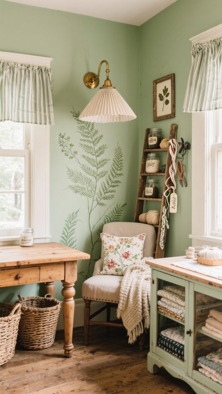Medium shot, Botanical Cottage Craft Nook: a cozy corner with sage green walls and a single wallpapered accent of hand-drawn ferns; warm wood farmhouse table with turned legs; cushy linen chair with a floral cushion and a chunky knit throw draped over the back; wicker baskets tucked under the table; vintage hutch with glass doors neatly stacked with folded fabrics; slender ladder shelf holding yarn and ribbons; pleated fabric shade pendant above and a brass swing-arm sconce on the wall; pinstriped curtain hiding bulky tools; jars labeled with hand-lettered tags and pressed-leaf art in thrifted frames; soft natural light, storybook sweet vibe, corner angle.