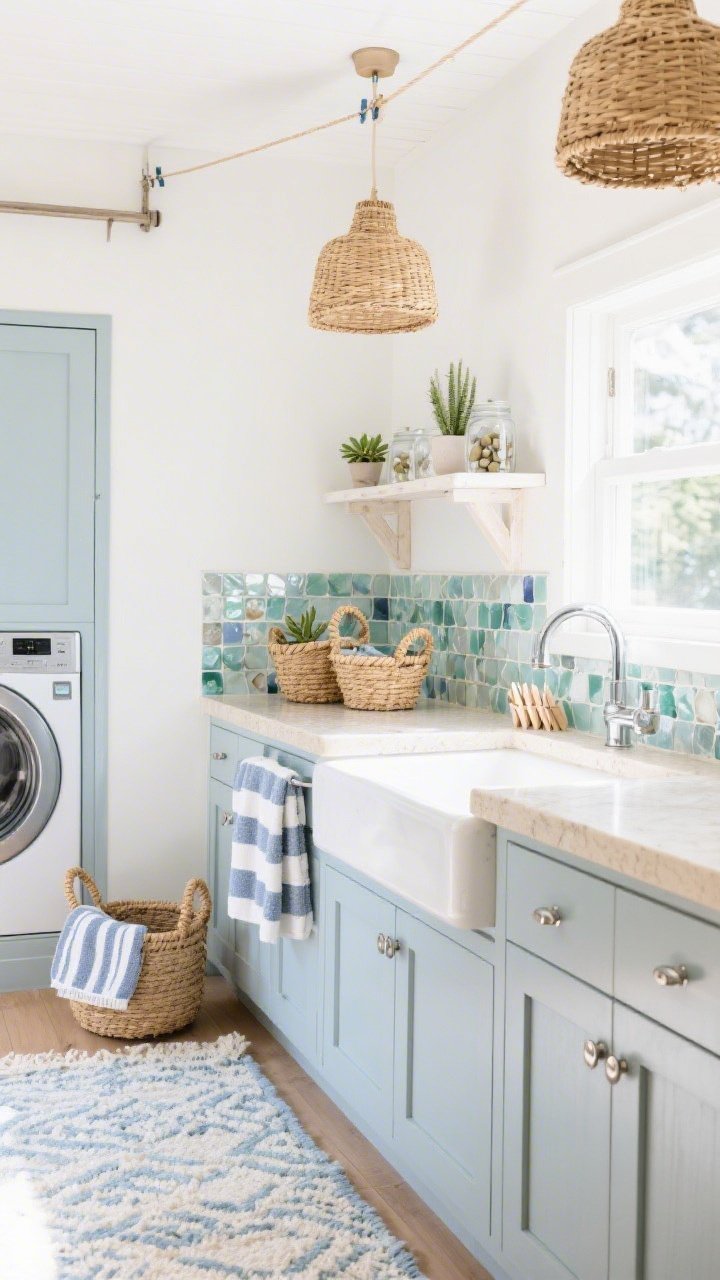 Medium shot, bright coastal angle: Breezy laundry with soft blue-gray cabinets, brushed nickel pulls, and sandy beige quartz countertop. Sea-glass mosaic tile backsplash behind the sink gently shimmering. Woven rattan pendants overhead, a whitewashed floating shelf styled with tiny potted succulents and clear glass jars of pods and clothespins. Rope-handled baskets, striped Turkish towels, a pale blue and ivory flatweave rug, and a ceiling-mounted retractable clothesline. Sunlit, airy, salt-kissed vibe; photorealistic daylight.