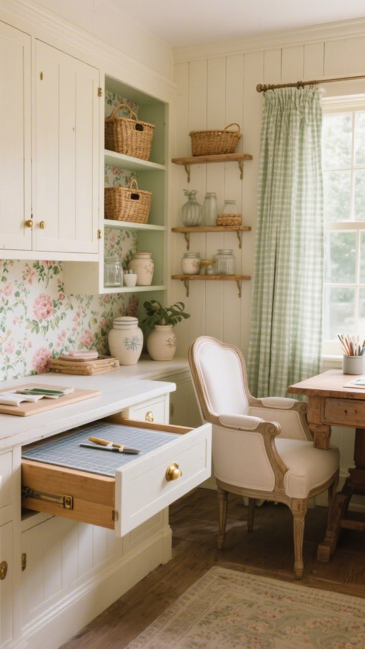 Medium shot by the window, photorealistic: A cozy cottage craft nook with buttery cream walls and a built-in cupboard wall whose interiors reveal floral wallpaper as a peek-a-boo pattern. A pull-out cutting station disguised as a cabinet drawer slides open to show a full cutting mat ready to use. A vintage farmhouse table sits under a window dressed in soft sage gingham curtains. Tongue-and-groove shelves display woven baskets, ceramic crocks, and glass jars; a petite wingback chair anchors a side writing desk. Color palette: cream, sage, blush, warm brass. Warm, soft natural light highlighting textures and gentle shadows.