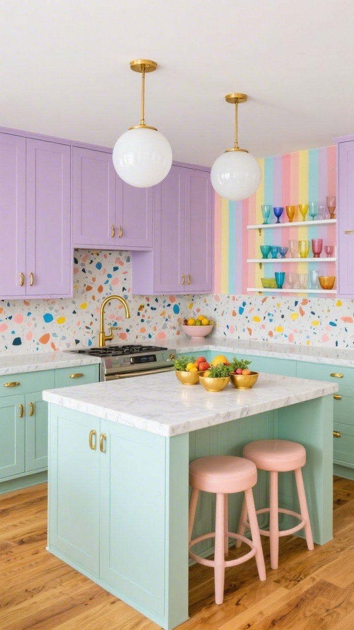 Medium shot, “Candy-Stripe Kitchen With Golden Hardware”: mint enamel lower cabinets and pale lilac uppers, separated by a rainbow terrazzo backsplash flecked with coral, cobalt, and lemon; brushed gold pulls and a satin brass gooseneck faucet; two opal globe pendants overhead like glossy bubbles; white quartz island with beveled edge, lined with sherbet-hued stools; warm oak plank flooring; open shelves styled with rainbow-tinted glassware; a cluster of mini gold bowls holding fruit and herbs; photorealistic, crisp glossy finishes, soft even task lighting.