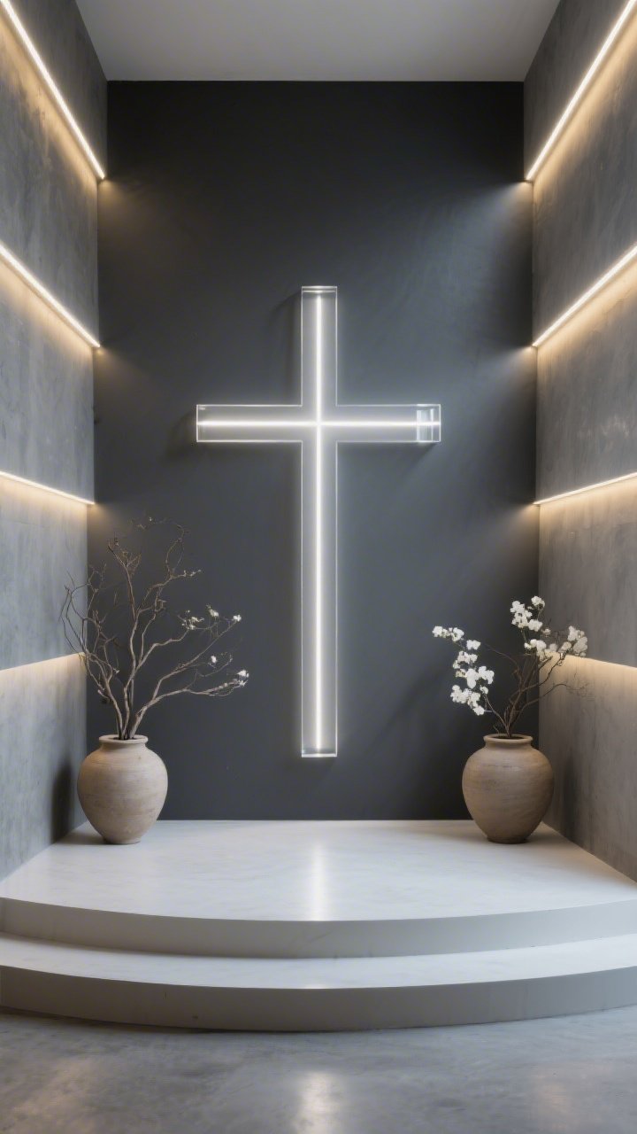 Medium shot, centered composition for “Cross of Light”: a tall, thin cross on a matte charcoal wall, internally lit with LED strips/edge-lit acrylic to create a soft floating glow; horizontal light bars at staggered heights across the stage echoing the geometry; two oversized clay vases with bare branches and sparse white blooms flanking the area; restrained palette of charcoal, white, and a hint of brushed nickel; cool white illumination shifting toward golden hues at the edges; sleek, minimalist, radiant focal point; no people.