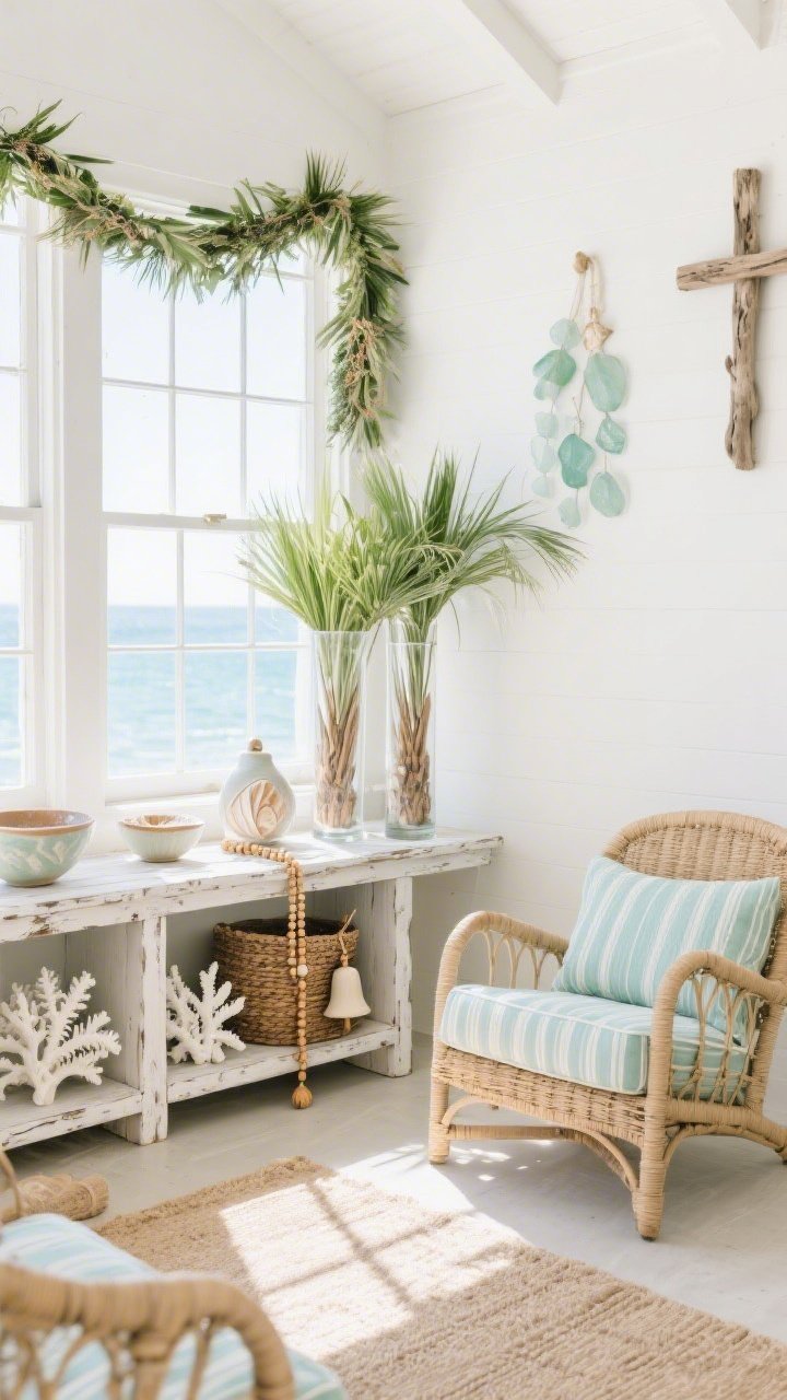 Medium shot, Coastal Chapel Sunroom corner angle: rattan lounge chairs with pale blue-striped cushions, a whitewashed bench, sandy-toned rug; a low, weathered console acting as an altar-like anchor; tall glass cylinders holding bundles of palms; seashell bowls and a string of wooden prayer beads draped over a woven basket; hand-thrown ceramic bells and white coral-inspired decor accents; palm garland swag across the top of a large window; color story of sea glass, ivory, driftwood, palm green; bright, clear natural light flooding the room.