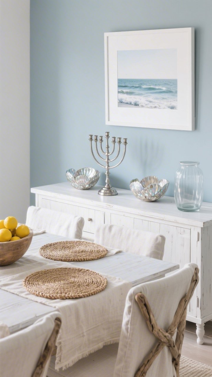 Medium shot, coastal modern dining console: seasalt blue-gray walls, slipcovered dining chairs, driftwood tones. On a whitewashed sideboard, a brushed aluminum menorah between shimmering capiz shell bowls and a clear glass hurricane. Above, a thin white-framed seascape photograph. Linen runners, rattan placemats, and a bowl of bright lemons add crisp, coastal accents. Cool-toned metallics only; bright, breezy natural light, photorealistic.