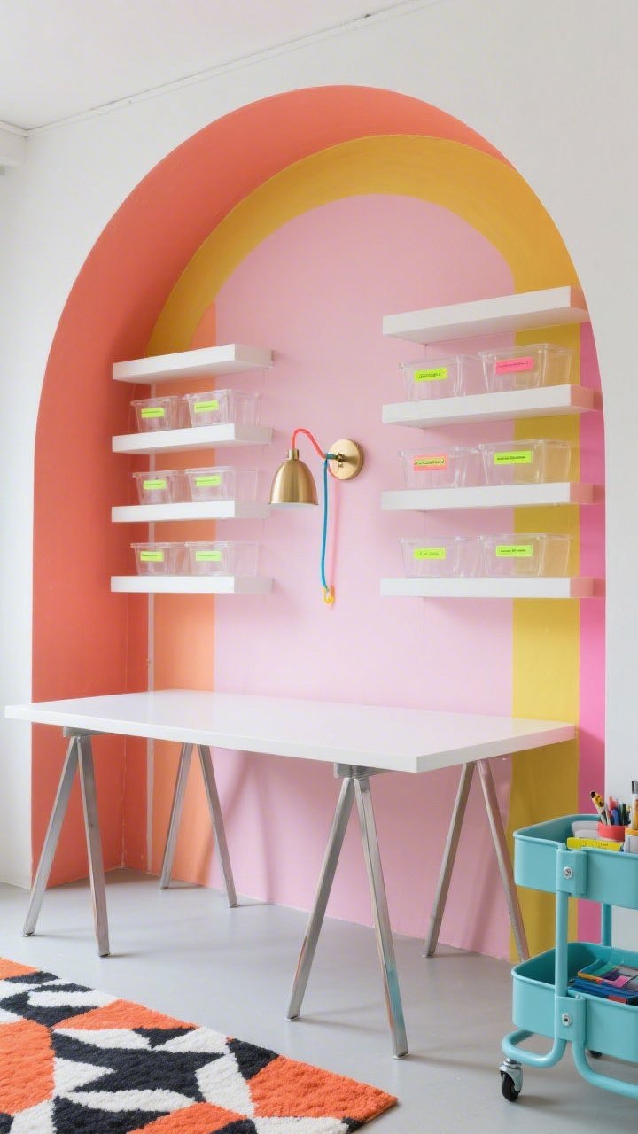 Medium shot, Color-Blocked Creative Lab: a white lacquer tabletop on chrome trestle legs set against a large color-blocked arc painted in coral and blush behind the desk; a storage wall of staggered white floating shelves framed by vertical bands of colored paint; clear acrylic bins with neon label tabs line the shelves; a simple brass sconce with a color-tipped cord mounted over the desk; on the floor, a bold geometric rug; a powder blue rolling cart holds supplies; playful yet orderly mood, frontal angle, even diffused lighting, photorealistic.