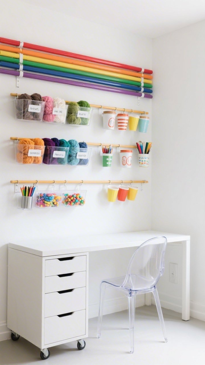 Medium shot, Color-Coded Rainbow Rail Room: wall-mounted rail system on a crisp white wall with adjustable shelves, baskets, and rods organized by hue to create a rainbow gradient; transparent bins displaying yarn, felt, and markers like a candy store, labeled canisters and hanging cups for tools, a slim white Parsons desk below with a rolling drawer unit, acrylic ghost chair to keep it visually light; vivid colors on a white canvas, bright even lighting, slight corner angle.