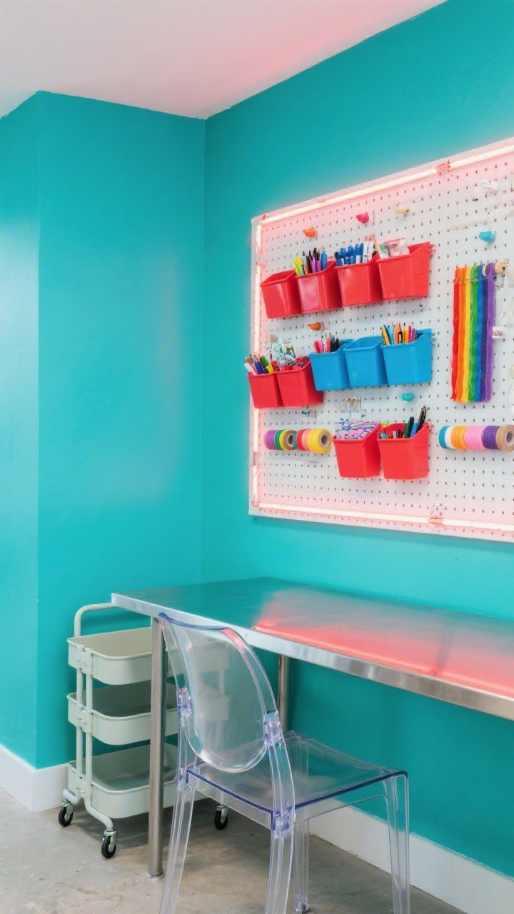 Medium shot, Color-Pop Maker Wall: a turquoise accent wall with a glossy white pegboard trimmed in a thin neon coral stripe; color-coded bins on the board (reds for paints, blues for fabric markers), a rainbow thread rack, and peg-mounted washi tape dowels; a stainless steel worktable with a clear acrylic chair in front; a rainbow rolling cart tucked beneath the table; linear LED strip lighting along the pegboard frame creating a soft glow; fun, graphic, ultra-bright vibe; photorealistic, slightly angled view to show depth.