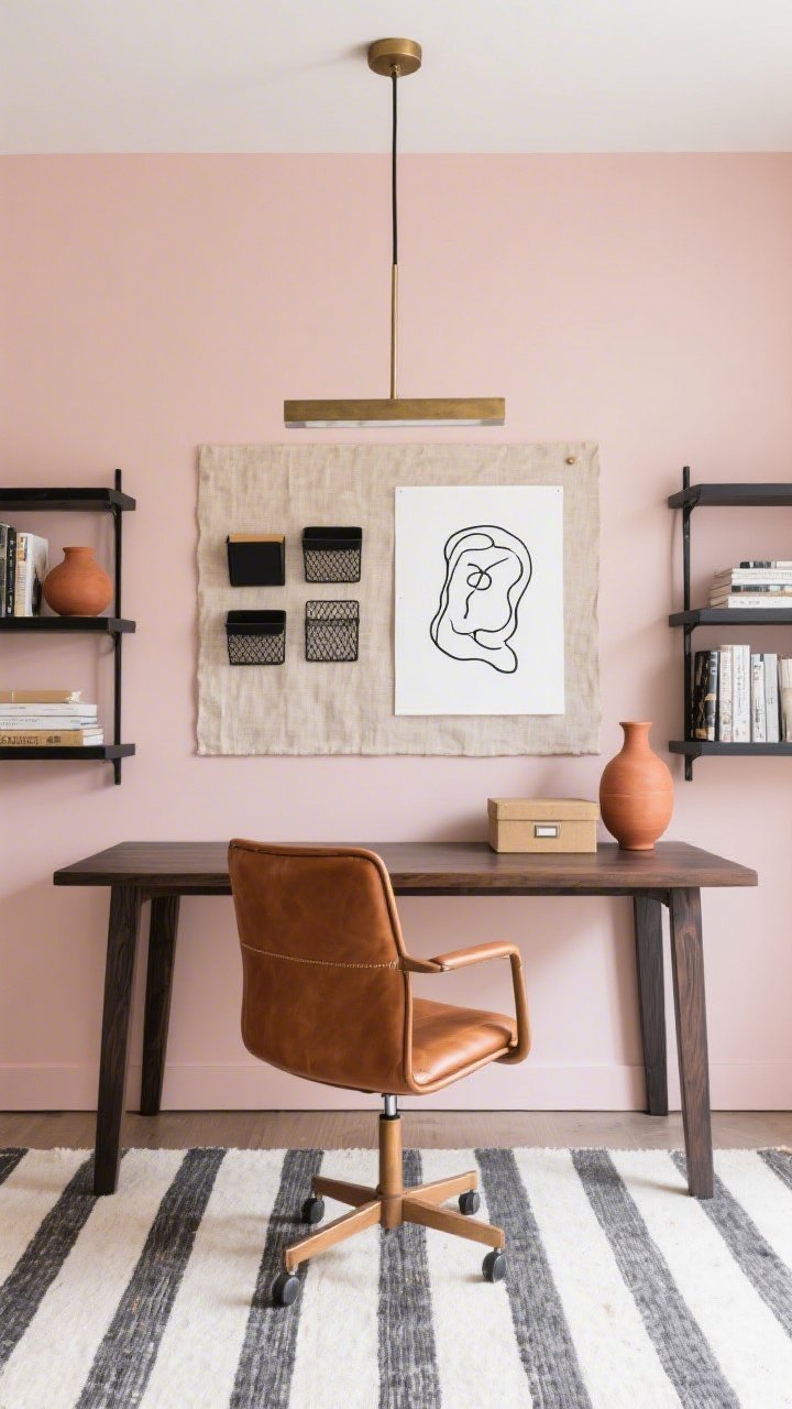 Medium shot, contemporary home office: blush-painted walls; charcoal-stained wood desk centered on an ivory-and-graphite striped flatweave rug; cognac leather task chair; slim black shelving flanking the desk, styled with terracotta vases, linen boxes, and stacked art books; linear bronze pendant overhead; pinboard wrapped in natural linen and black mesh trays for organization; one oversized black line drawing on textured paper. Photorealistic, focused yet soft mood, even daylight with subtle bronze highlight reflections, straight-on view.
