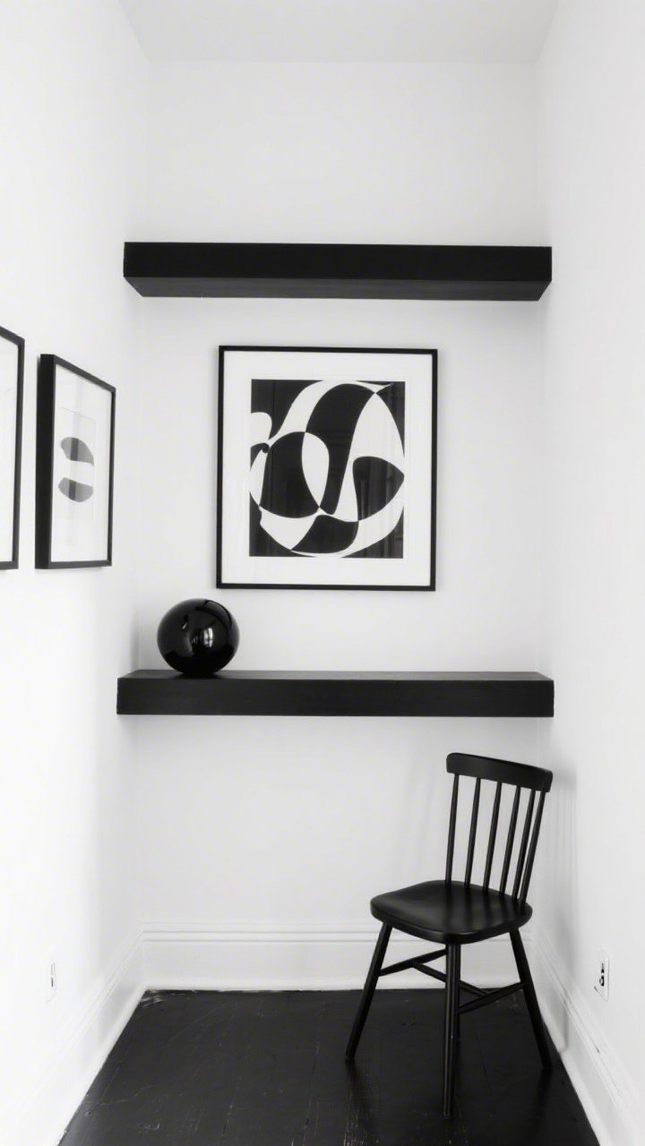 Medium shot, corner angle: A black-and-white gallery nook with a matte white wall and two narrow black floating ledges stacked 12 inches apart; all artwork in black frames with white mats, featuring one bold abstract print as the hero centered; a single glossy black orb sits on the lower ledge for sculptural interest; a black spindle chair positioned below completes the vignette; color story pure white, ink black, touches of chrome (small accent or frame hardware); crisp, high-contrast lighting that’s bright but soft, emphasizing sharp graphic lines; streamlined repetition in frame sizes.