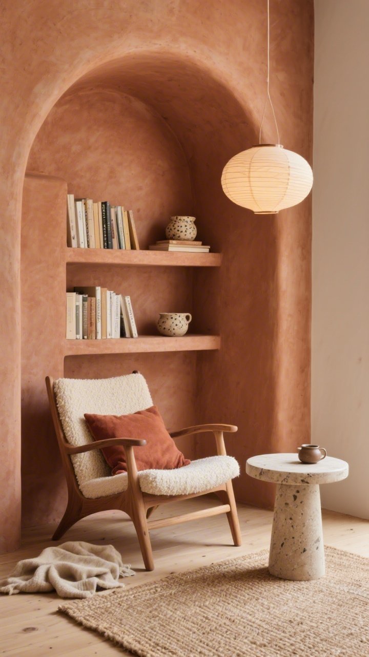 Medium shot, corner angle: A cozy reading nook defined by a terracotta-clay smooth plaster accent wall with a gentle arched recess holding two recessed shelves; shelves styled with speckled stoneware, linen-bound books, and a small wabi-sabi tea set; curved oak lounge chair with a cream bouclé cushion beside a round travertine pedestal side table; light oak flooring with a flat-weave jute rug; natural flax throw and a rust accent pillow; a delicate paper lantern pendant casting warm, diffused glow overhead; tactile, warm, layered atmosphere; photorealistic.
