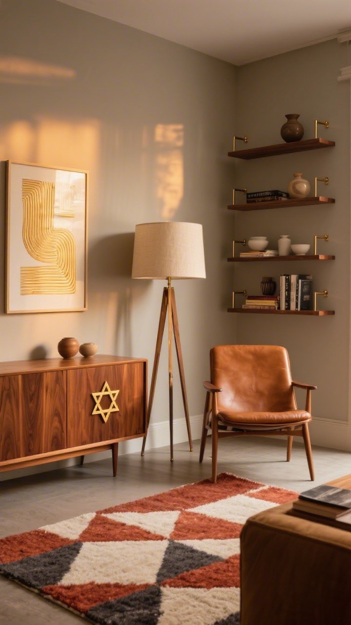 Medium shot, corner angle: A warm mid-century den centered on a vintage walnut credenza topped by a glowing walnut panel with a Star of David brass inlay catching evening light. Nearby, a tapered-leg lounge chair in cognac leather, a tripod lamp with a cream linen shade, and a geometric wool rug in rust, cream, and slate. Walls in soft mushroom/warm greige, brushed brass hardware and mid-century lighting accents, slim walnut shelves with books and ceramics, and one abstract print with brass-toned linework. Cozy, golden-hour ambiance.
