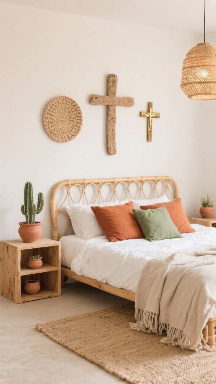 Medium shot, corner angle: Desert boho bedroom with a rattan or light-wood bed frame, crisp white duvet, layered terracotta and sage pillows. Sandy flat-woven rug underfoot. Above the headboard, a trio of natural-material crosses spaced to breathe: woven jute cross, hand-formed matte clay cross, petite brass inlay cross mounted on reclaimed wood. Simple wood cube nightstands with open shelves holding pottery planters. Woven pendant/raffia lamp giving warm, diffused glow. Palette of terracotta, camel, sand, sage, warm white; cactus in a clay pot and a linen throw complete the relaxed, sun-kissed vibe.