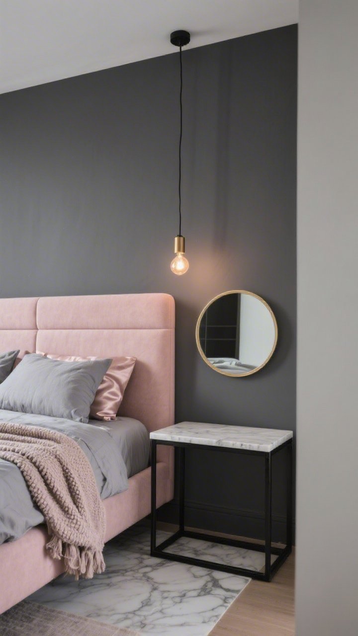 Medium shot, corner angle highlighting a charcoal gray wall with a blush upholstered headboard floating slightly off the wall; slim black metal-framed nightstand as a floating console with a single round mirror above featuring a powdery brass rim; marbled duvet in gray and blush with linen sheets, boucle throw, and silk pillowcases; minimalist pendant lamp with warm Edison glow illuminating the scene; soft modern mood, no people, photorealistic.