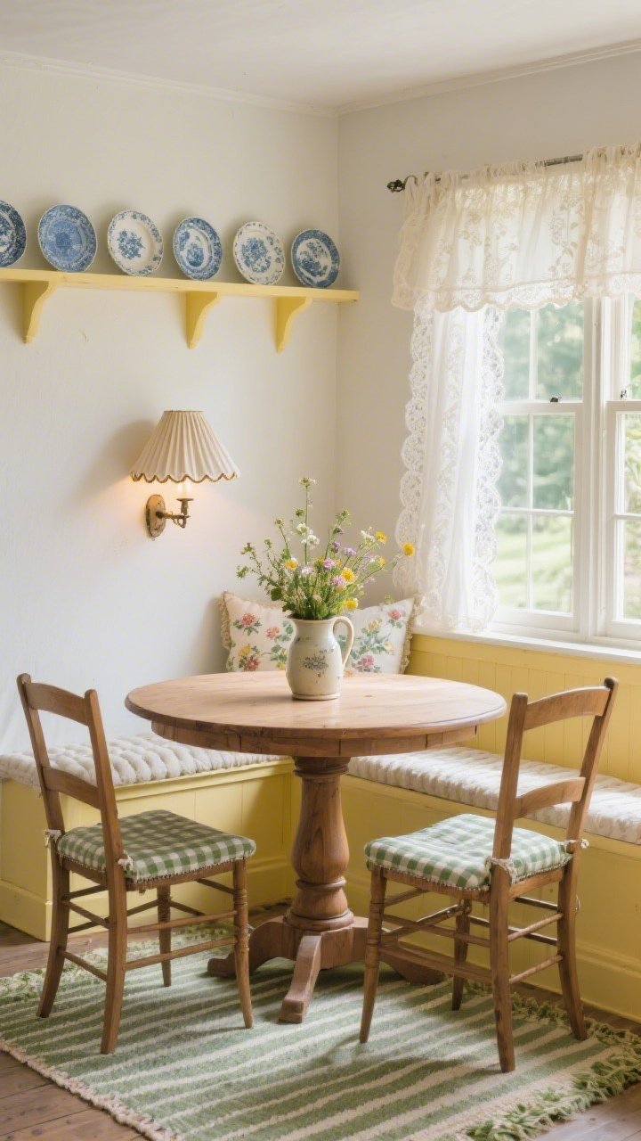 Medium shot, Cottagecore Breakfast Nook: a sunny, vintage-inspired nook centered on a round oak pedestal table with two ladder-back chairs featuring gingham seat cushions; a built-in bench under a window dressed with lace cafe curtains, topped with floral pillows and a tufted cushion; pleated fabric lampshade and petite scalloped sconce provide warm glow; a vintage pitcher filled with faux wildflowers on the table; ironstone plates arranged on a picture ledge; striped indoor-outdoor rug underfoot; soft butter yellow, warm white, dusty blue, and leafy green palette; morning light streaming in; corner angle emphasizing coziness; photorealistic.