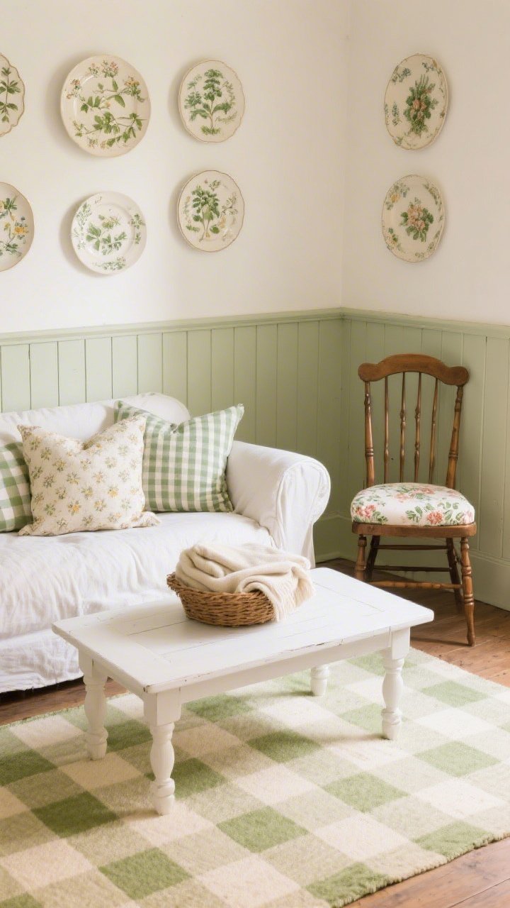 Medium shot, cottagecore sitting area: a small-scale gingham rug in muted buttercream and meadow green under a rolled-arm slipcovered sofa and a spindle wood chair with a floral seat pad. A painted white coffee table holds a basket with folded throws. Walls in warm white or light sage beadboard. Mixed micro patterns—sprig florals, mini stripes, and gingham—on pillows. Vintage botanical plates arranged on the wall. Soft, cozy morning light, photorealistic.