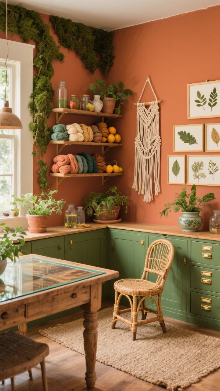 Medium shot, cozy corner perspective: Boho Botanicals Nook with terracotta walls, mossy green lower cabinets, and sun-warmed gold accents; a macrame hanging shelf laden with skeins of yarn like fruit; a well-loved farmhouse table topped with a glass cutting mat revealing the wood grain; gallery of pressed leaves climbing the wall; jute rug under a rattan swivel chair; low apothecary-style drawers and ceramic planters with greenery; warm, tactile lighting, photorealistic.