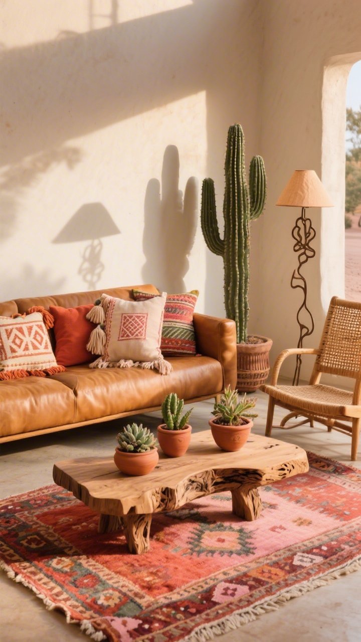 Medium shot, Desert Bloom Boho seating area: camel leather sofa layered with block-printed and tasseled pillows in terracotta, sandstone, coral, blush, and sage; kilim rug in coral, rust, and blush patterns; rattan armchair, cactus-silhouette floor lamp as a playful sculptural element; low handcrafted carved or live-edge wood coffee table styled with ceramic planters and small succulents in terracotta; warm late-afternoon sunlight creating earthy, sun-warmed ambiance.