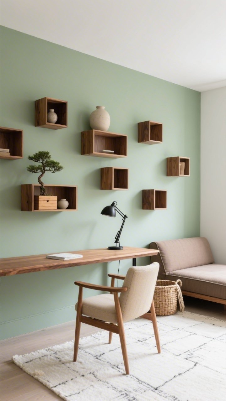 Medium shot, desk-and-shelves focus: A soft sage green accent wall with a grid of asymmetrical oak box shelves in mixed sizes floating like an art installation; each cubby thoughtfully styled—neutral ceramics, a cedar box, a tiny bonsai, and one intentionally empty space; slim oak waterfall-edge desk with an oatmeal-upholstered chair with wood arms; low futon-style daybed in taupe linen visible to the side; black steel task lamp and a woven basket for throws; chalky off-white rug underfoot; bright, even natural light for a calm yet productive feel; photorealistic.