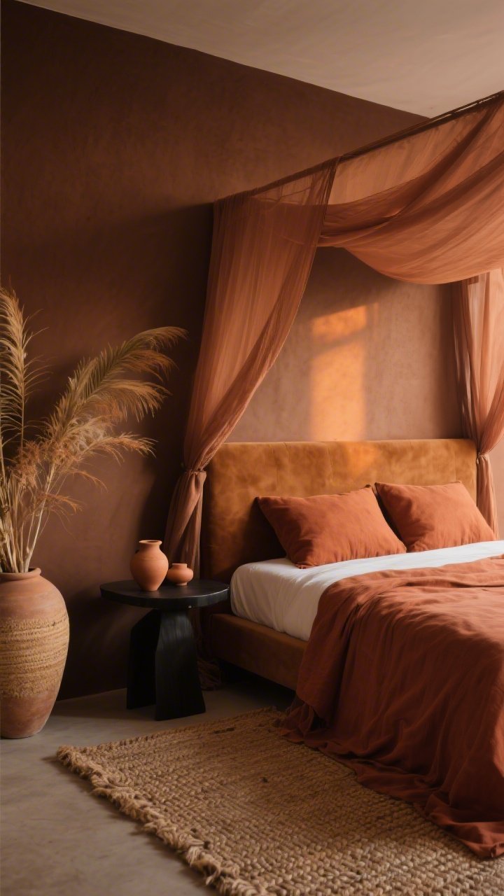 Medium shot, diagonal corner view of a warm bedroom with cocoa brown walls; bed dressed in terracotta linen and a caramel suede headboard; clay ceramics on a matte black side table; woven jute rug underfoot; sheer cinnamon canopy draped over the bed catching soft evening light; dried palms in an oversized vase; materials mix of suede, linen, jute, and ceramic; grounded, romantic desert dusk mood, no people, photorealistic.
