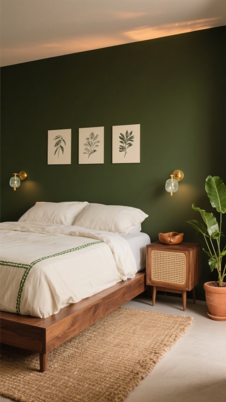 Medium shot, Earthy Forest Minimal: a deep olive accent wall behind a clean-edged walnut platform bed dressed in cream linen with subtle olive stitching; cane-front nightstands soften the rich wood tone; brass-and-opal glass sconces provide a warm glow on each side; botanical ink drawings arranged simply above the headboard; a sisal rug underfoot and a terracotta pot with a rubber plant near the corner; a tan leather catchall on the nightstand; palette of olive, walnut, cream, soft tan; shot from a slight corner angle with warm evening light, photorealistic.