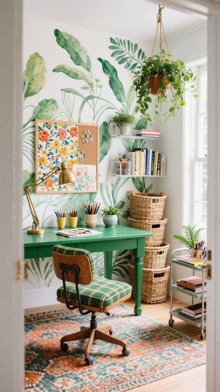 Medium shot, Eclectic Artist’s Office: creativity greenhouse vibe with a painted desk in deep leafy green and a vintage wood swivel chair with a plaid cushion; oversized watercolor botanical mural on one wall; brass task lamp on the desk; acrylic bookshelves with art supplies and books; patterned kilim rug under the workspace; hanging planters with trailing greenery; ceramic pen cups; a pinboard backed with floral fabric; stacked wicker baskets for storage; a slim bar cart holding paints, notebooks, and a tiny fern; palette of emerald, terracotta, mustard, and bone white; bright, diffused daylight; photorealistic, angled view from the doorway.
