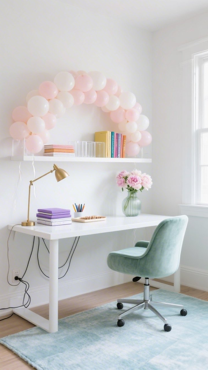 Medium shot, editorial home office: crisp white wall with a pastel balloon arch perfectly framing a white waterfall desk; mint velvet swivel chair tucked in; floating white shelves holding color-coded books and clear acrylic organizers; pale blue area rug underfoot; brass desk lamp, a neat stack of lavender notebooks, and a minimal tray for pens; cables hidden with management sleeves; fresh peonies in a ribbed glass vase; bright, clean daylight for a studio-perfect video-call backdrop; photorealistic, straight-on composition.