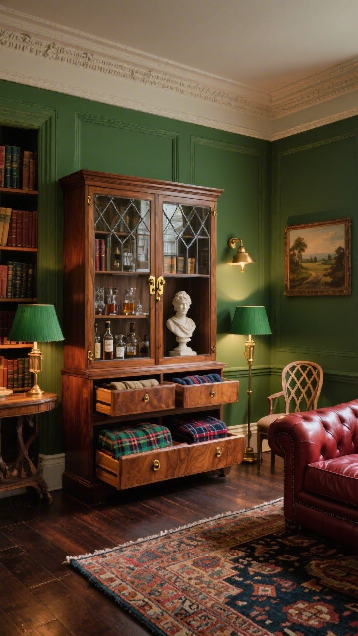 Medium shot, English heritage charm: moss-green walls with crown molding, a wax-finished walnut parlor cabinet with glass mullion doors and polished brass latches; inside are leather-bound books, vintage barware, and a small bust sculpture; lower drawers slightly open to reveal neatly folded tartan throws; adjacent furnishings include an oxblood leather Chesterfield and a Windsor accent chair; green-shaded library lamps and a brass picture light illuminating a landscape painting; dark-stained plank flooring layered with a richly patterned wool rug; warm, library-like evening lighting, photorealistic, straight-on.