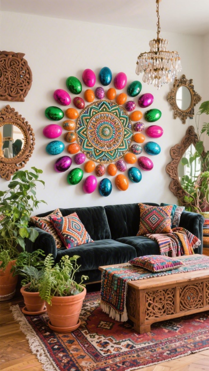Medium shot focusing on a maximalist boho wall bursting with saturated jewel-tone eggs—emerald, fuchsia, tangerine, cobalt—arranged in radiating mandala patterns with mixed finishes (matte, gloss, metallic foil) catching multi-directional light; in front, a charcoal velvet sofa draped with Moroccan throws and a low carved-wood coffee table layered with patterned pillows; lush plants spilling from terracotta planters; a kilim rug underfoot; beaded chandelier and vintage mirrors adding sparkle and reflections; photorealistic, playful, eclectic vibe with carved wood, velvet, woven textiles, and greenery textures.