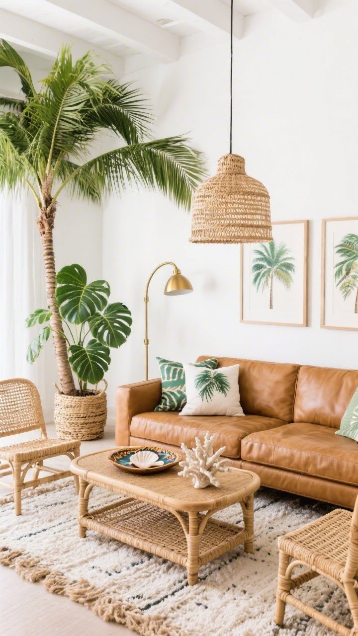 Medium shot focusing on a tropical palm + rattan retreat seating zone: camel leather sofa paired with a rattan coffee table and cane accent chairs; jute-and-cotton rug underfoot; cushions and framed art with palmy prints; lush Kentia palm and a monstera in seagrass baskets; lighting from a woven pendant and a brass arc lamp adding a hint of glam; shell-inlay tray and coral figurine on the table; bright white backdrop so botanical greens pop; vibrant, relaxed island vibe.