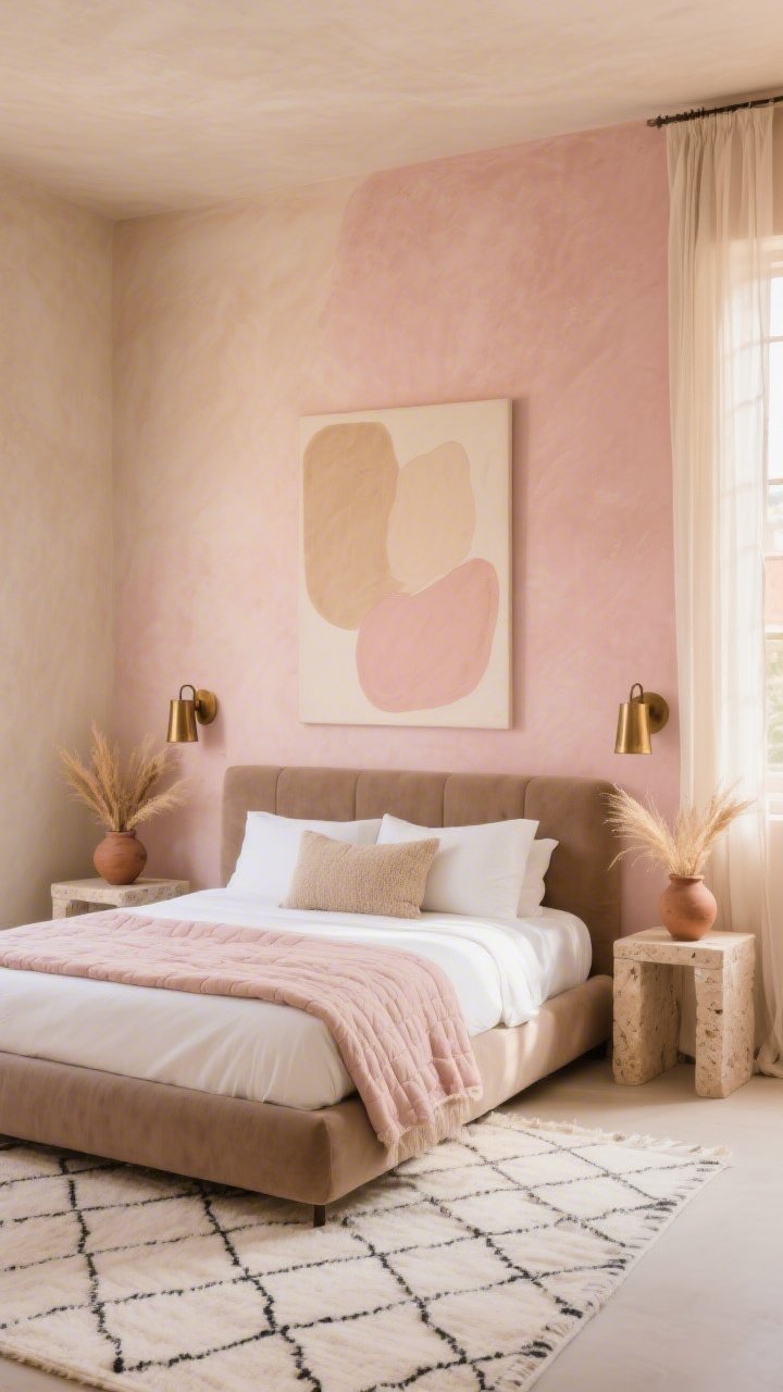 Medium shot focusing on the bed wall: Warm beige walls that tilt subtly pink in afternoon light; a taupe-upholstered low-profile bed dressed with crisp white sheets and a sand-rose quilt folded at the foot; burnished bronze sconces flanking the bed, travertine bedside tables topped with clay pottery and dried grasses; an ivory Moroccan rug with a soft lattice pattern under the bed; nubby throw pillows and lightweight linen curtains framing the window; a soft abstract artwork in sand and blush tones above the headboard; finishes in bronze, travertine, and natural clay; enveloping, sunrise-warm mood, photorealistic.