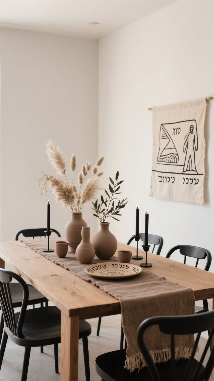 Medium shot from a corner angle: A minimal, gallery-like Seder setup with a solid maple table left mostly bare, accented by a warm taupe raw-edge linen runner. Sleek black wishbone chairs frame the scene. Centered cluster of matte clay vessels in varying heights filled with dried pampas, bunny tails, and bleached olive branches. A matte ceramic Seder plate with labeled Hebrew cups sits among black taper candles in minimalist holders. Background wall uncluttered with a subtle linen wall hanging depicting an abstract Exodus motif. Palette: warm sand, charcoal, off-white, clay. Materials: natural wood, ceramic, brushed steel. Soft, diffused daylight and clean lines.