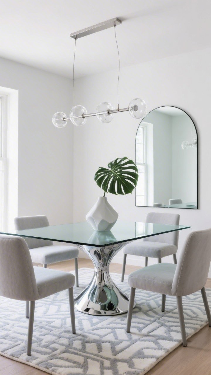 Medium shot from a corner angle: A modern, gallery-bright dining vignette featuring a glass-top dining table on a sculptural chrome base, surrounded by upholstered chairs in pale gray. Overhead, a sleek linear chandelier with clear glass globes reflects light. Beneath, a low-pile rug with a subtle geometric pattern in soft grays and optic white. On the adjacent wall, an oversized arched mirror doubles natural light. A minimalist sculptural vase with a single large monstera leaf sits centered on the glass table. Surfaces are light-reflecting, palette of soft grays, optic white, and polished steel, photorealistic, daytime brightness.